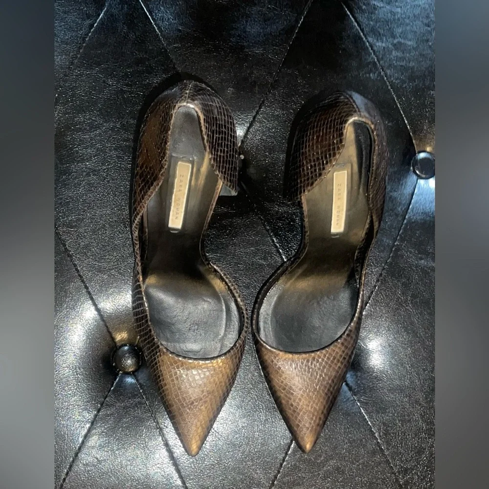 Zara Brown Snake-Effect Pointed Toe Pumps Size 38 - Picture 8 of 9